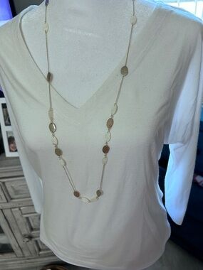 Gold and White Long Disc Pendant Necklace - Women Jewelry